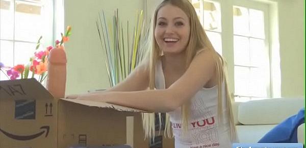 Cutie blonde teen Scarlett receive some massive dildos as a gift